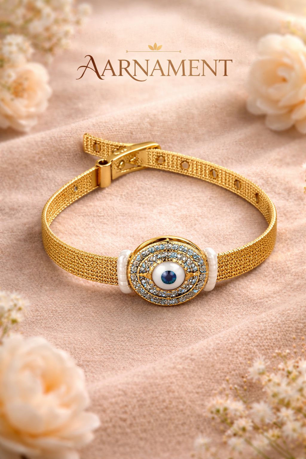 Gold Evil Eye Mesh Cuff Bracelet