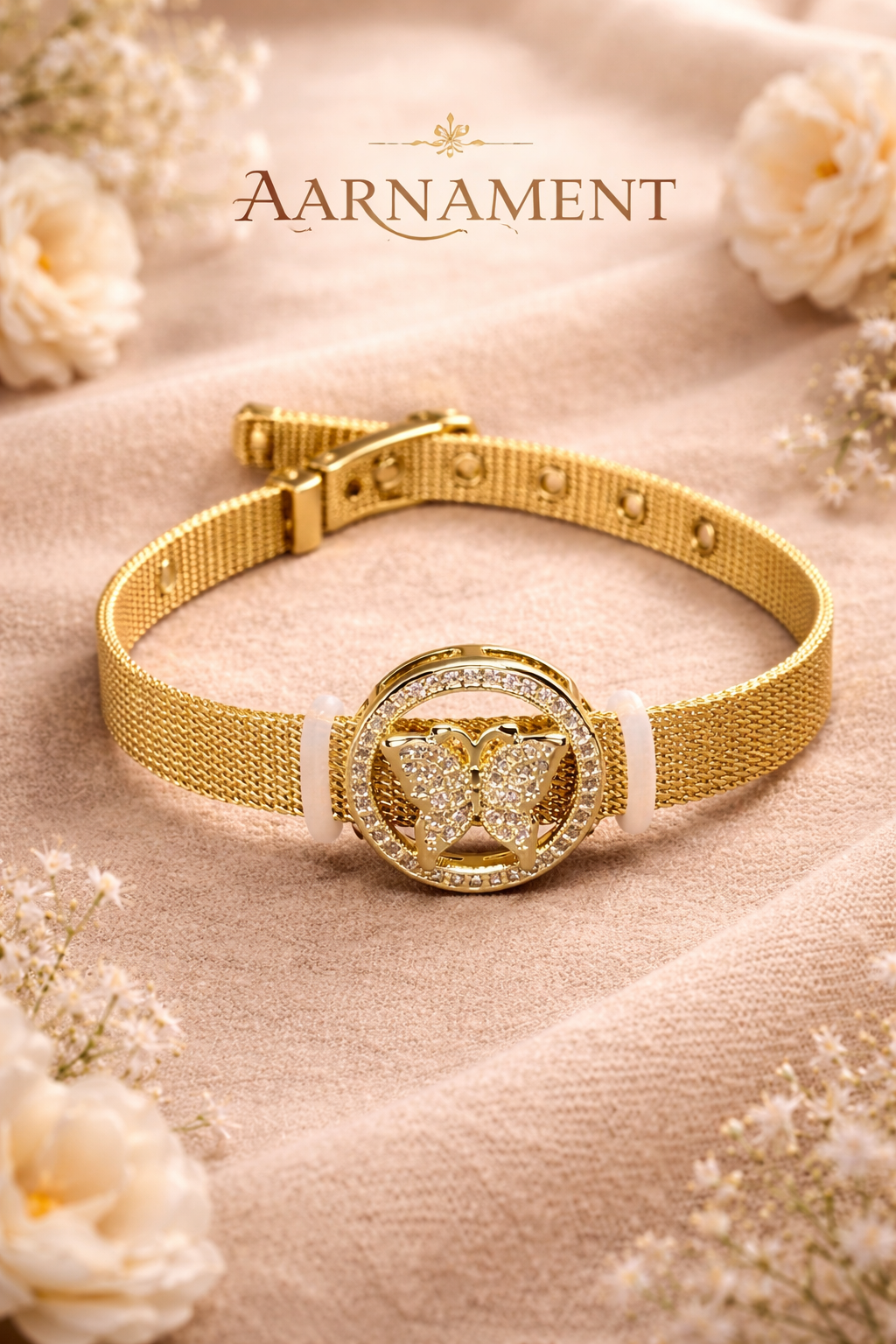 Gold Wheel Charm Mesh Cuff Bracelet