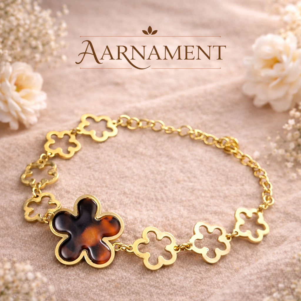 Gold Black Floral Charm Bracelet