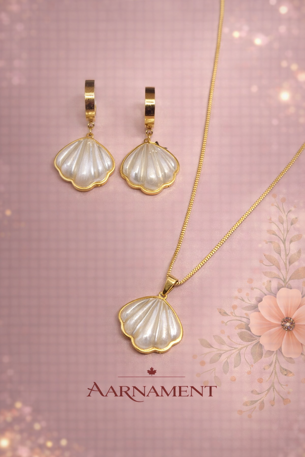 Seashell Pearl Necklace & Earrings Set